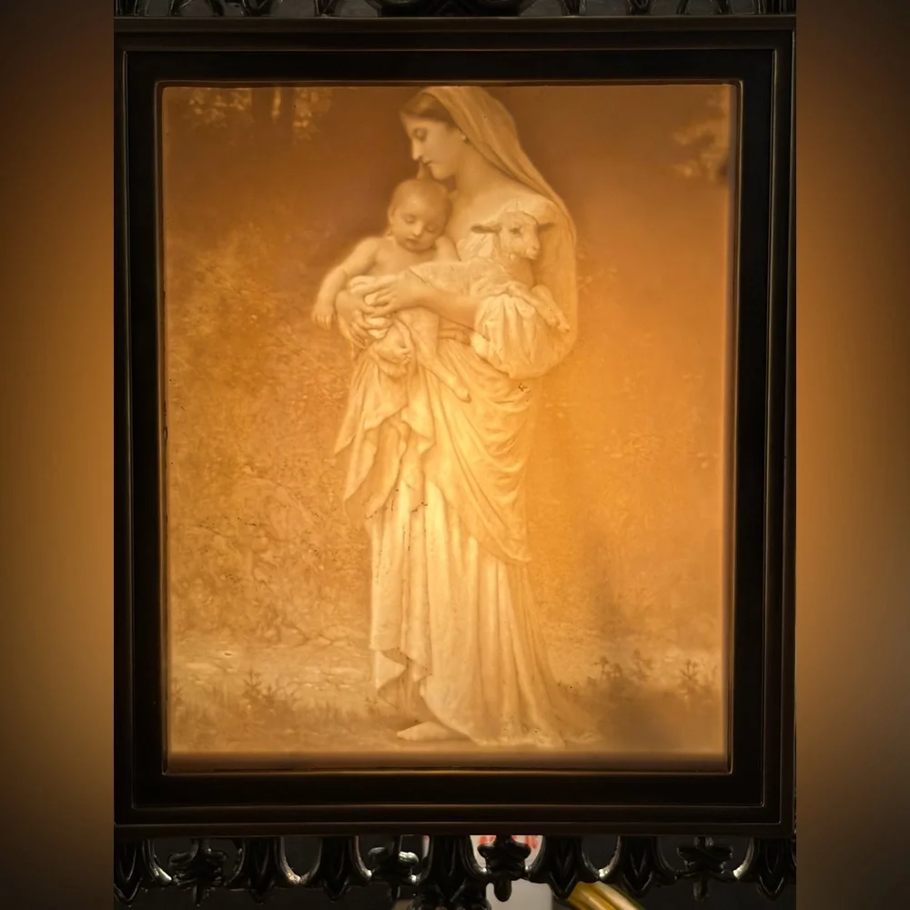 Vintage L’Innocence Madonna & Child Porcelain Lithophane Table Lamp, Mary & Lamb